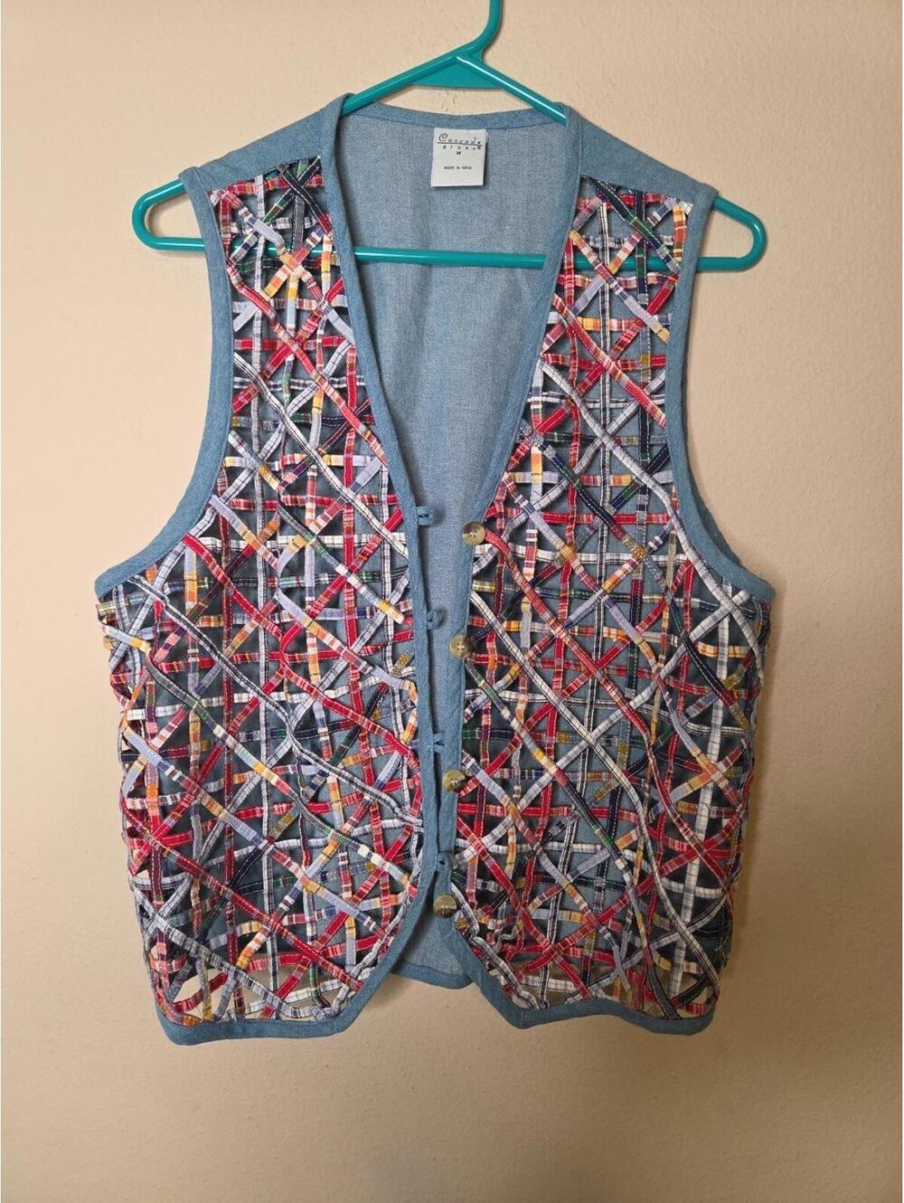 Cascade Blues Vintage Patchwork Woven Vest 90's M Unique - Picture 1 of 4